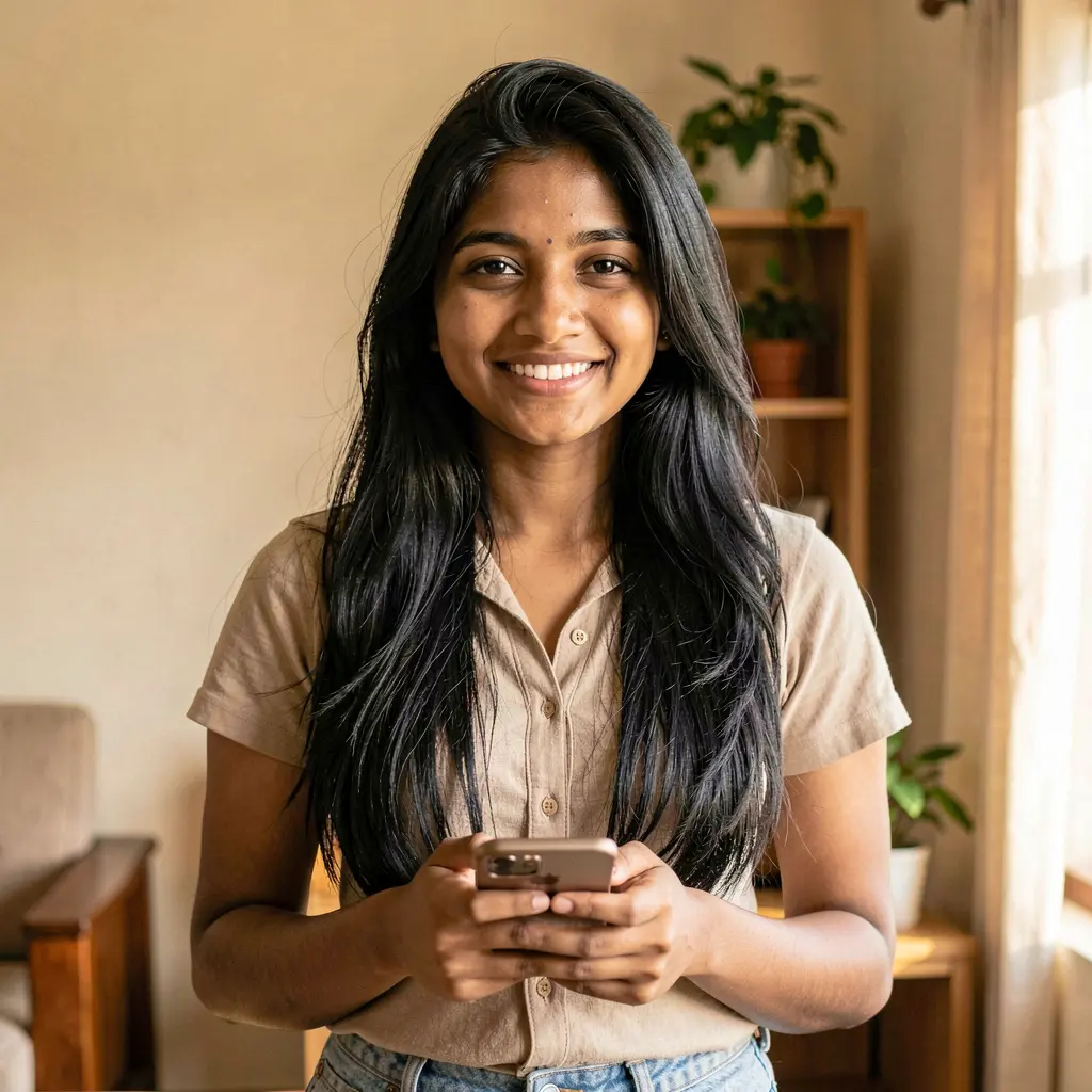 Smiling Bangladeshi woman holding her smartphone while using the EX 66 casino app with a warm indoor atmosphere