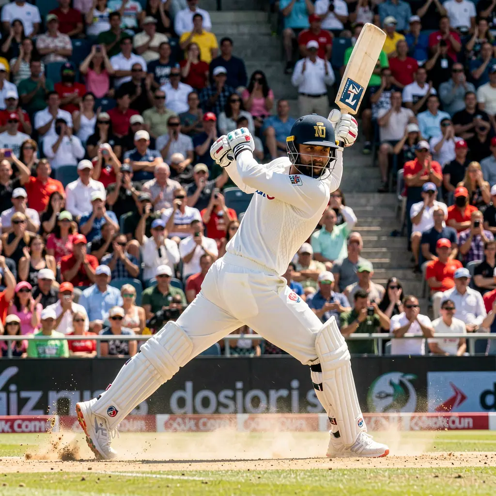 Intense cricket scene with a player in mid-action and a crowded stadium highlighting the excitement of live cricket betting with EX 66 in Bangladesh