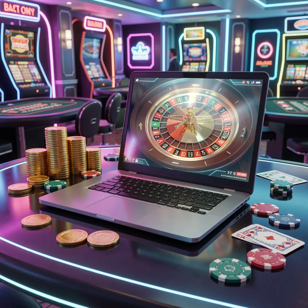 Modern laptop displaying a live roulette wheel surrounded by stacked casino chips and scattered gold coins highlighting the premium online casino experience at EX 66