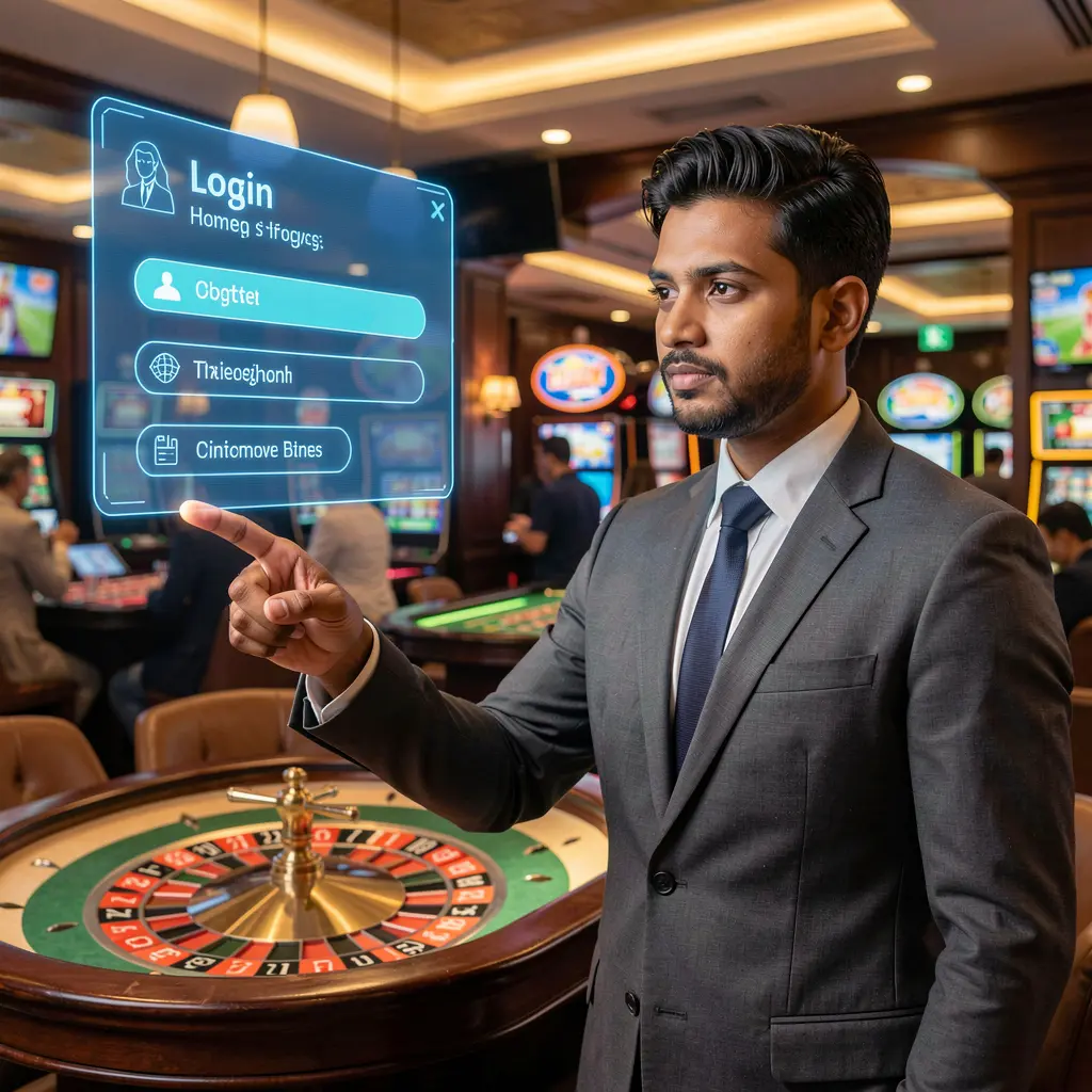 Stylish Bangladeshi casino presenter interacting with a futuristic digital login panel inside a glowing roulette environment at EX 66