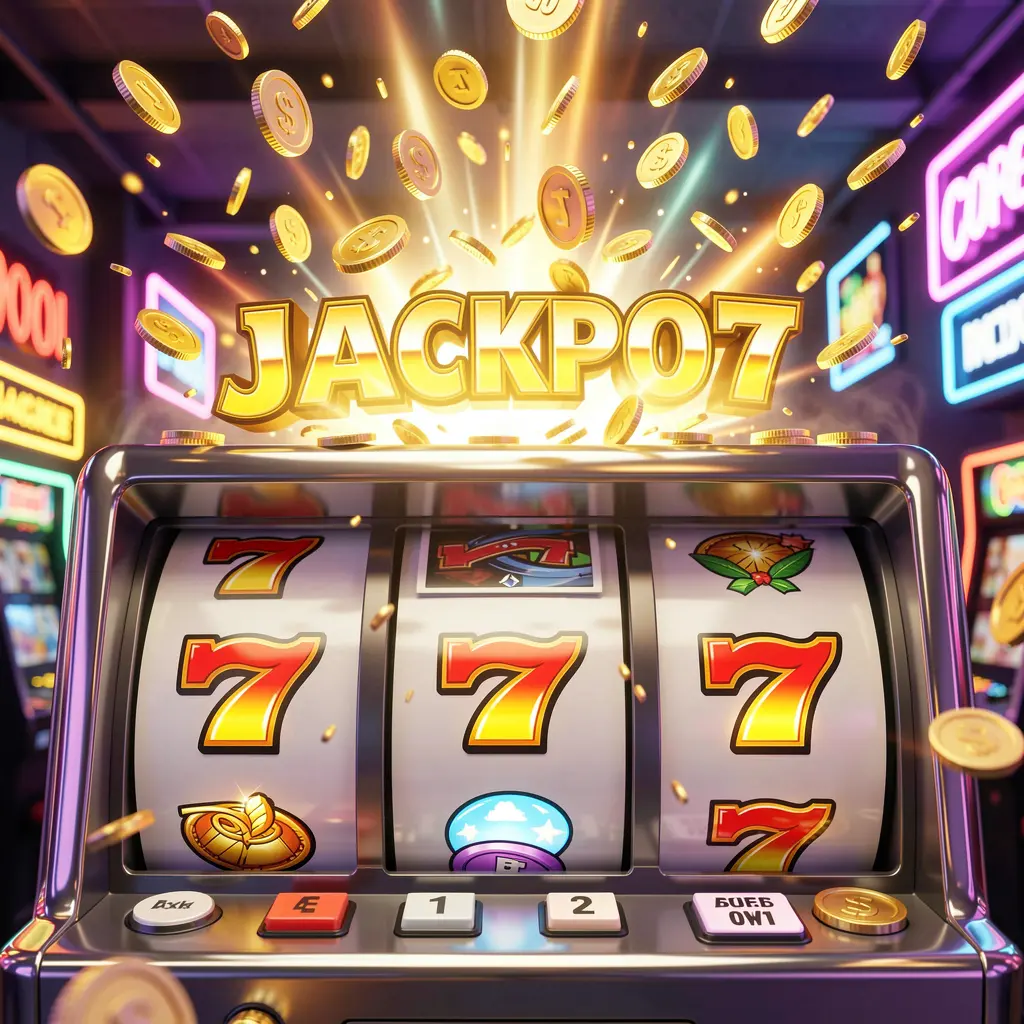 Close up view of a luxury slot machine showing triple sevens with golden coins falling around symbolizing big wins at EX 66 casino for Bangladesh players